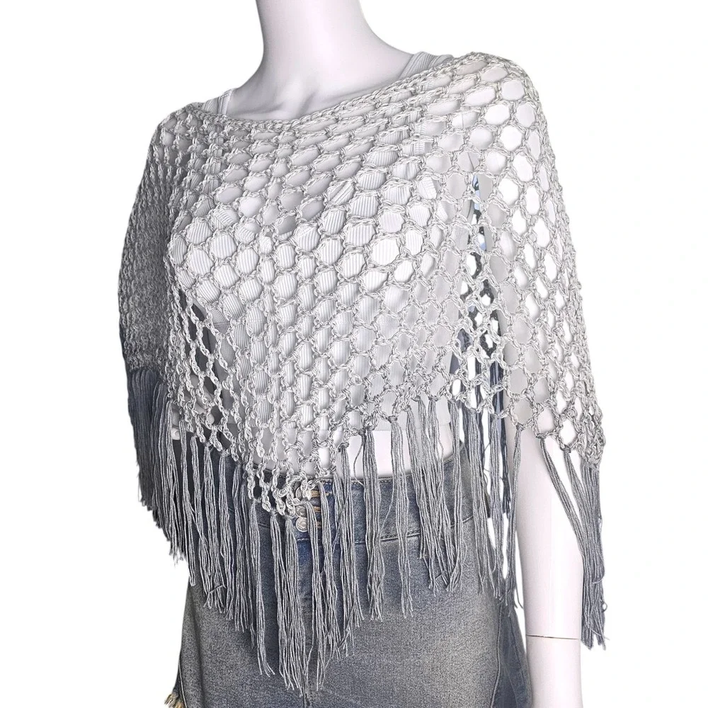 Handmade Crochet Shawl Women Gray Ombre Fringe Cotton Boho Poncho - Picture 4 of 10